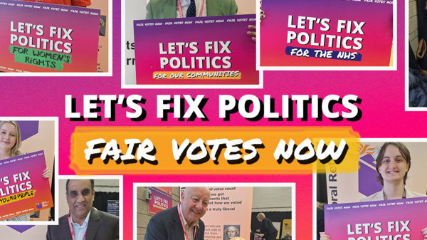 A brightly-coloured graphic promoting the campaign for Proportional Representation