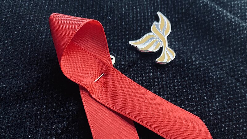 Red ribbon alongside an enamel Lib Dem Libby bird pin.
