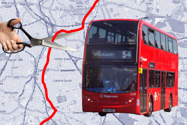 The number 54 bus route being cut with scissors