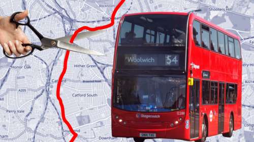 The 54 bus route being cut with scissors